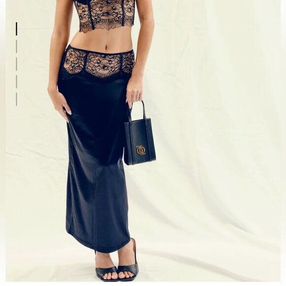 God Save Queens Cristina Black Lace Skirt midi sheer lingerie satin Revolve XS - Picture 1 of 12